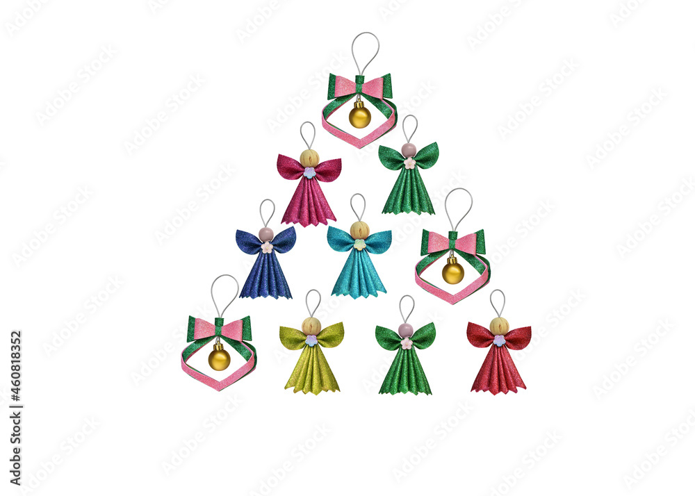 Christmas tree made of Christmas toys, angels and pendants on a white background. Design element. New year concept. foam crafts