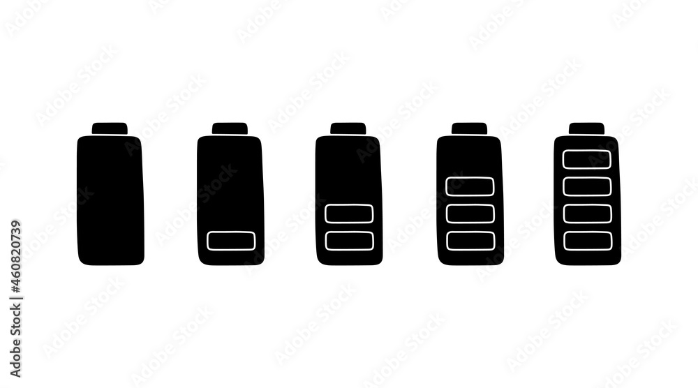 Battery charge in simple style, vector illustration. Hand drawn silhouette, energy level low and full. Isolated icon on white background. Indicator recharge mobile phone battery Battery charge in simple style, vector illustration. Hand drawn silhouette, energy level low and full. Isolated icon on white background. Indicator recharge mobile phone battery