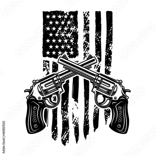 Crossed revolvers on american flag background. Design element for logo, emblem, sign, poster, t shirt. Vector illustration