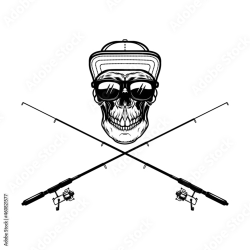 Fisherman skull with crossed fishing rods. Design element for logo, emblem, sign, poster, t shirt. Vector illustration