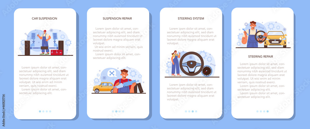 Car repair service mobile application banner set. Automobile components