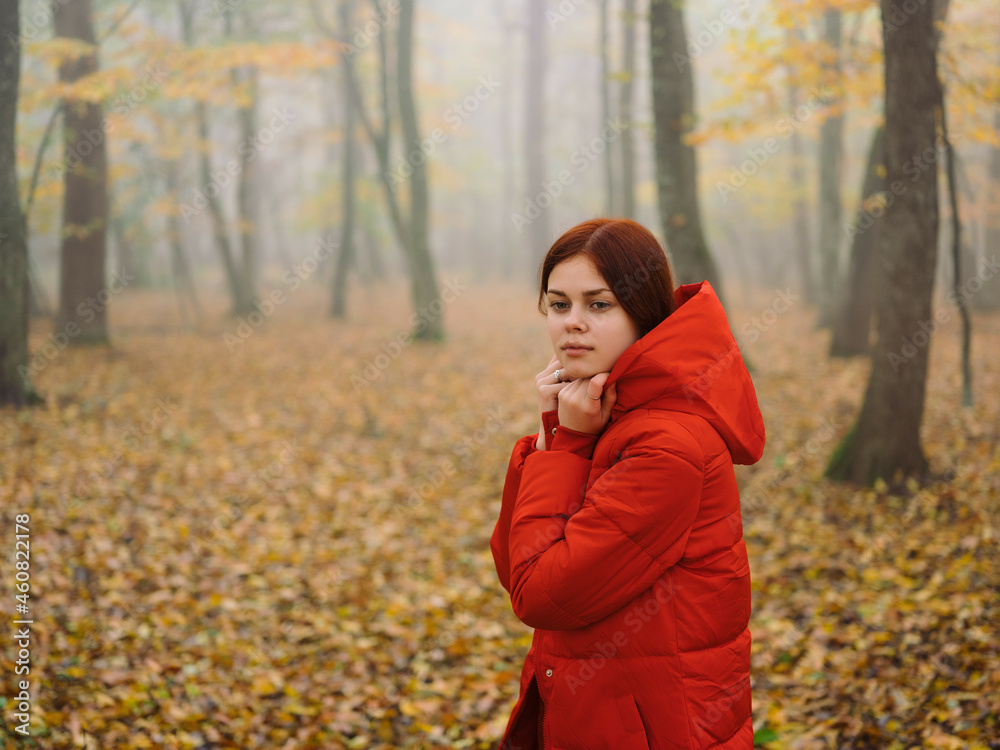 woman in red jacket in autumn forest fog nature fresh air woman in red jacket in autumn forest fog nature fresh air