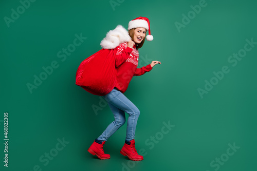 Obraz na plátně Full length profile photo of cute young lady go with bag wear new year pullover