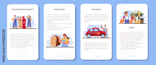 Car tuning mobile application banner set. Automobile interior got replaced
