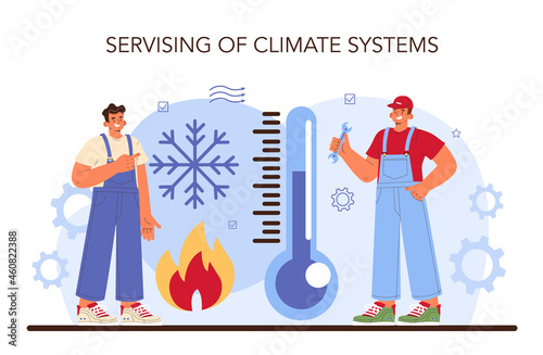 Car service. Mechanic in uniform check a climate vehicle systems