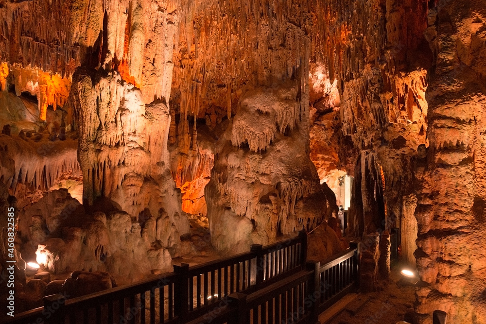 salt caves near Alanya (Turkey) - wooden bridge, lighting, stalactites, stalagmites