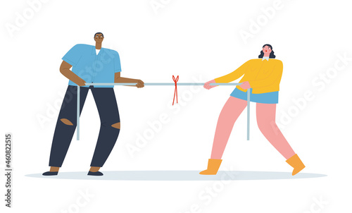 Tug of war man vs. woman Multicolored people pulling opposite ends of the rope. Competition, rivalry, struggle. Flat vector illustration.  © eto100ya