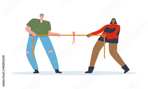 Tug of war man vs. woman Multicolored people pulling opposite ends of the rope. Competition, rivalry, struggle. Flat vector illustration. 