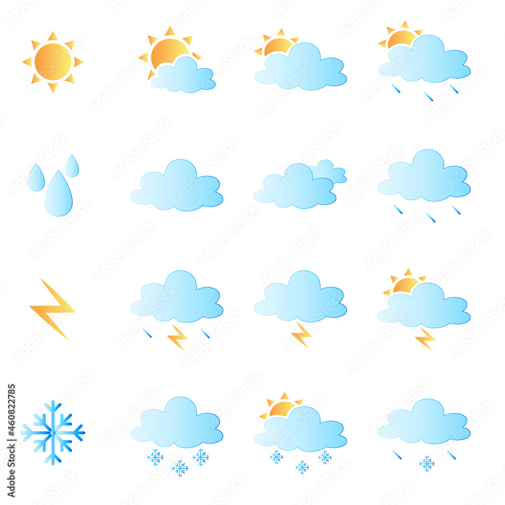 Weather icons for print, web or mobile app. Mega pack of colored weather icons. All icons for weather with sample usage. 100% vector, eps 10.