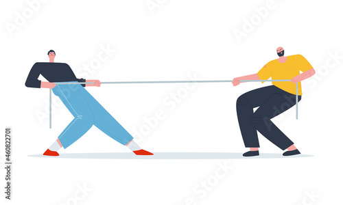 Tug of war man vs. man Multicolored people pulling at opposite ends of the rope. Competition, rivalry, struggle. Flat vector illustration. 