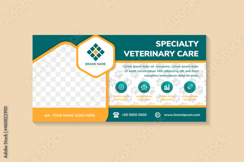 Veterinary Clinic and Pet Doctor horizontal banner. Healthy Smile  template for veterinary clinic, Pet Care Service Helps Dogs. Modern Animal Clinic. vector illustration. Hexagon shape for photo space