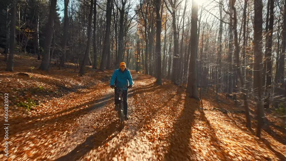 Man riding a bike downhill in the forest on a sunny autumn day, the camera moving backwards in front of him, backlit with nice bright sunlight
Man riding a bike downhill in the forest on a sunny autumn day, the camera moving backwards in front of him, backlit with nice bright sunlight