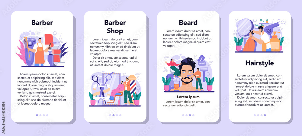 Barber mobile application banner set. Idea of hair and beard care Barber mobile application banner set. Idea of hair and beard care