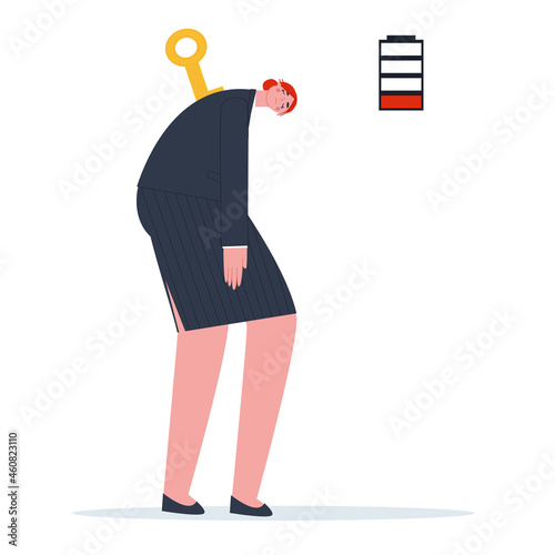 The woman had run out of strength. Fatigue and powerlessness. The battery died. The people with the winding key. Flat vector illustration