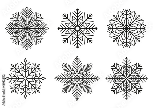 Set of elegant linear snowflakes as Christmas design elements. Snowflake icon set as happy new year and Christmas decoration. Snowflakes isolated on white. 