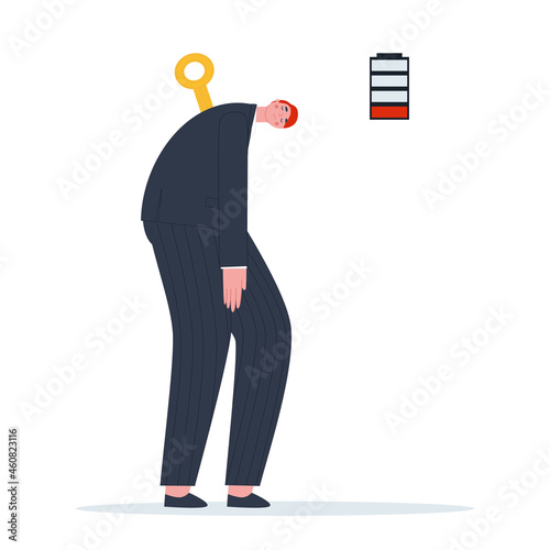 The man ran out of strength. Tired and powerless. The battery is dead. Man with a winding key. Flat vector illustration