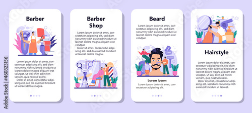 Barber mobile application banner set. Idea of hair and beard care