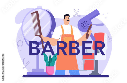 Barber typographic header. Idea of hair and beard care. Hair cutting