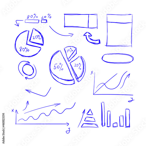 Vector Pen Drawn Charts, Graphics, Schemes, Arrows, Blue Scribble Lines Isolated on White Background, Rough Draft Illustration.