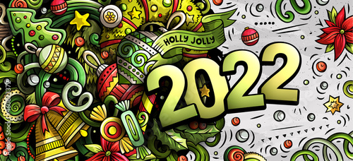 2022 doodles horizontal illustration. New Year objects and elements poster