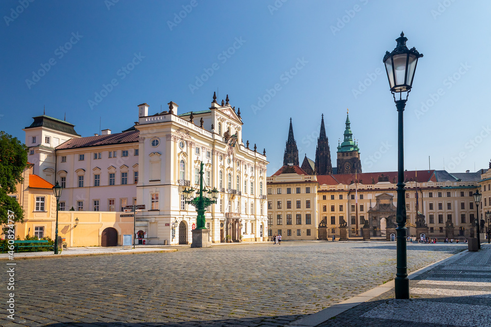 Archbishops Palace on Hradcany Square and main entrance to the first courtyard of Prague Castle, Prague, Czech Republic