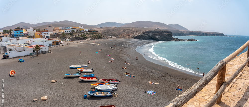 Panoramic of the beach of the coastal town of Ajuy near the town of Pajara, west coast of the island of Fuerteventura, Canary Islands. Spain