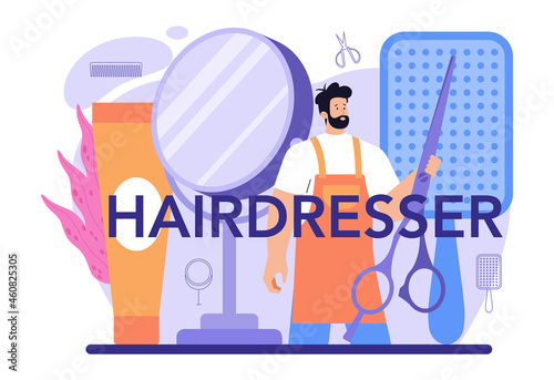 Hairdresser typographic header. Idea of hairdressing in salon. Scissors