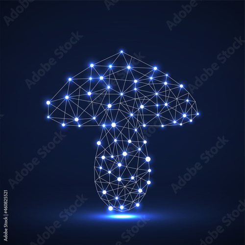 Polygonal mushroom of glowing dots, neon icon, vector illustration