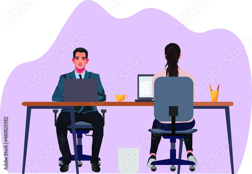 coworking space with creative people sitting at the chair business team working together at the big desk using laptops vector illustration charactors