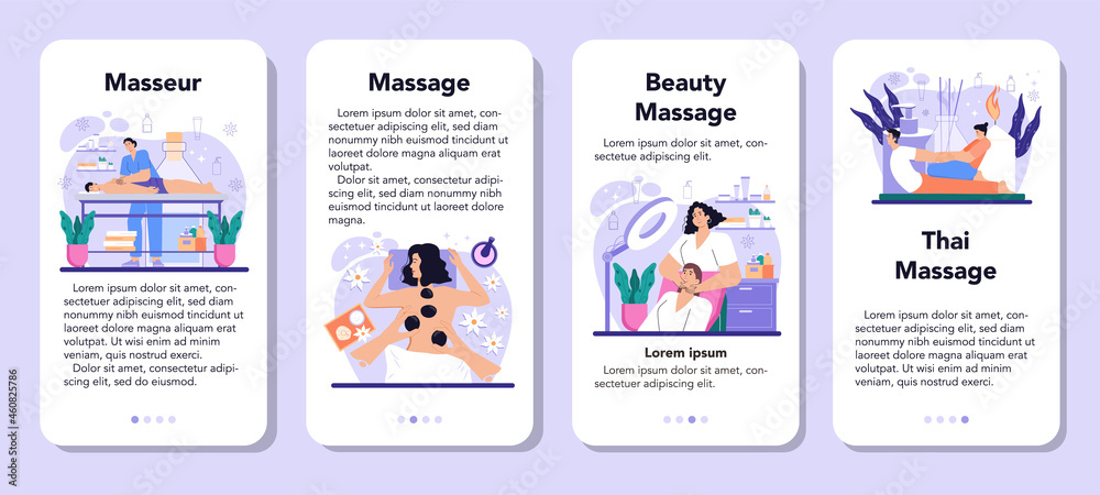 Masseur mobile application banner set. Spa procedure in beauty Masseur mobile application banner set. Spa procedure in beauty