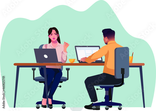 coworking space with creative people sitting at the table business team working together at the big desk using laptops vector illustration charactors photo