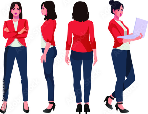 four vector images of a turning blonde business woman Front profile three quarter back pose
