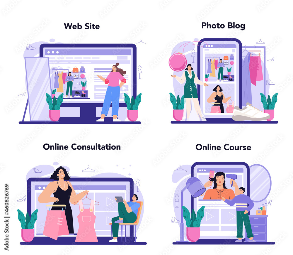 Fashion stylist online service or platform set. Fashion and beauty industry