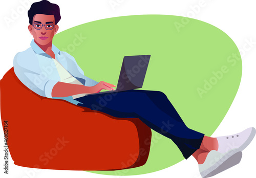 man sitting in bean bag chair and making use of laptop vector illustration