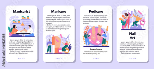 Manicurist service mobile application banner set. Beauty salon worker