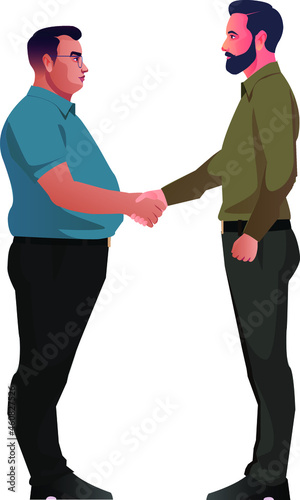 two fat business  men and bearded business men shaking hands  businessmen first meeting greeting with firm handshake flat style character vector illustration isolated on white background