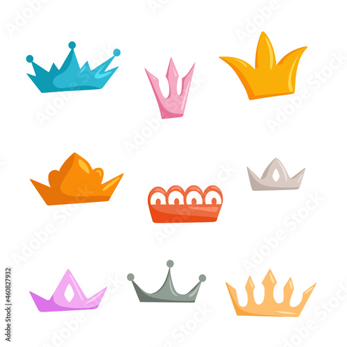 A set of crowns of different colors. A collection of icons with a crown for winners, champions, leaders. Vector cartoon illustration for logo, label, game