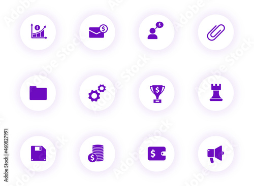 business purple color vector icons on light round buttons with purple shadow. business icon set for web, mobile apps, ui design and print