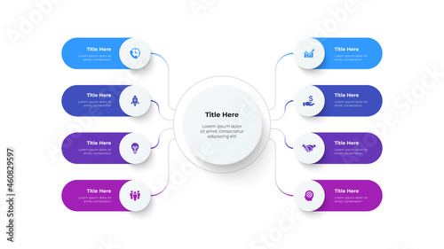Flow chart diagram with 8 circle elements. Concept of business project hierarchy visualization with eight options. Infographic design template.