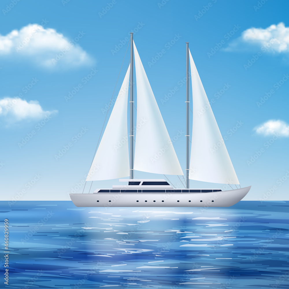 Yacht in sea. Travel water transport in ocean cruising boat expedition concept seascape ship decent vector realistic background