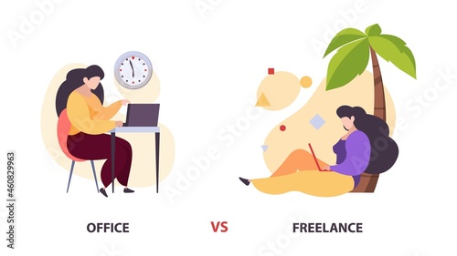 Freelance vs office work. Woman with laptop in diverce location vector concept