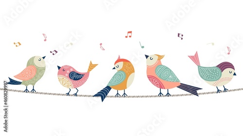 Singing birds banner. Abstract folk bird sitting on rope. Isolated decorative animal vector element