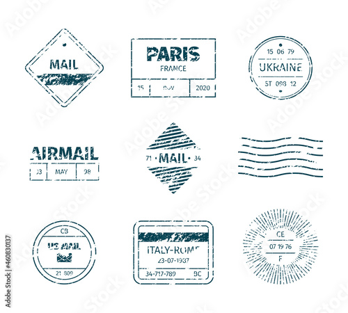 Postal stamp. Grunge post templates vintage blank tags stripped lines marks textures garish vector stamp