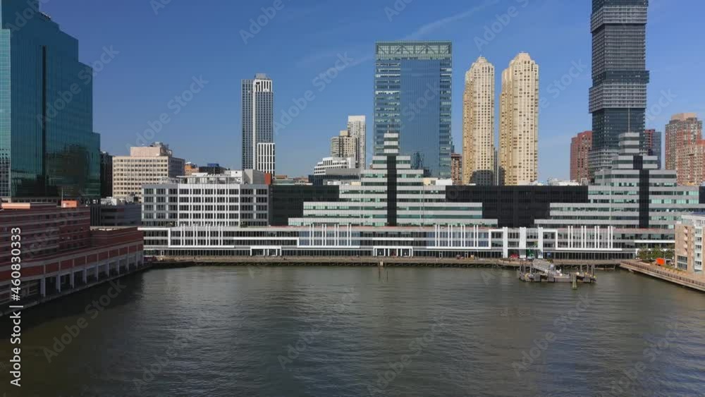 Beautiful Waterfront View of Buildings in Jersey City - Aerial Crane Shot Beautiful Waterfront View of Buildings in Jersey City - Aerial Crane Shot