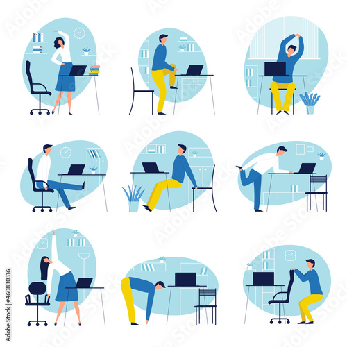 Office syndrome. Stressed workers people with healthy problems headache neck and back destroyed recent vector people