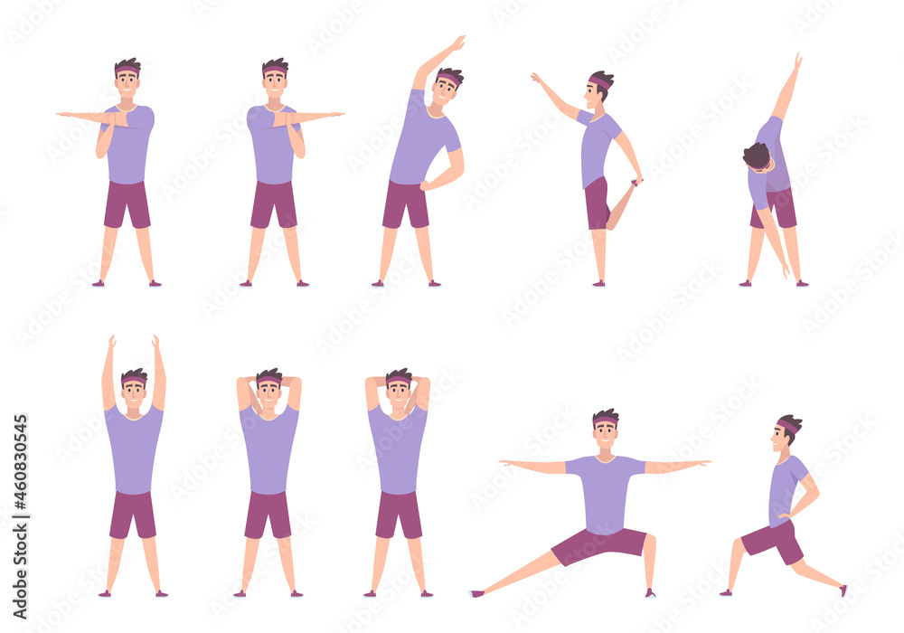Stretching exercises. Workout physical movements for flexibility muscles sport stretching poses exact vector pictures in flat style