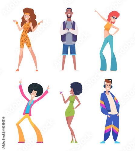 80s people. Old style persons in casual colored clothes outfit characters man and women exact vector retro persons