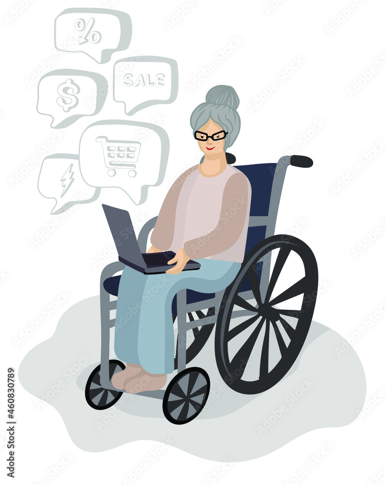 
Grandmother makes online purchases on a laptop while sitting in a wheelchair. Vector illustration in flat style