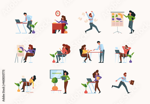 Business scenes. Active managers office people business collaboration persons talking sitting dialogue and brainstorming garish vector flat characters isolated