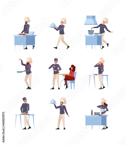 Cook characters. Bakery chef male and female professional chef preparing products national cuisine garish vector flat illustrations